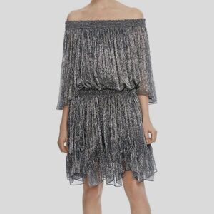 Halston Heritage Metallic Silver Off the Shoulder Pleated Mini Dress Ruffles XS